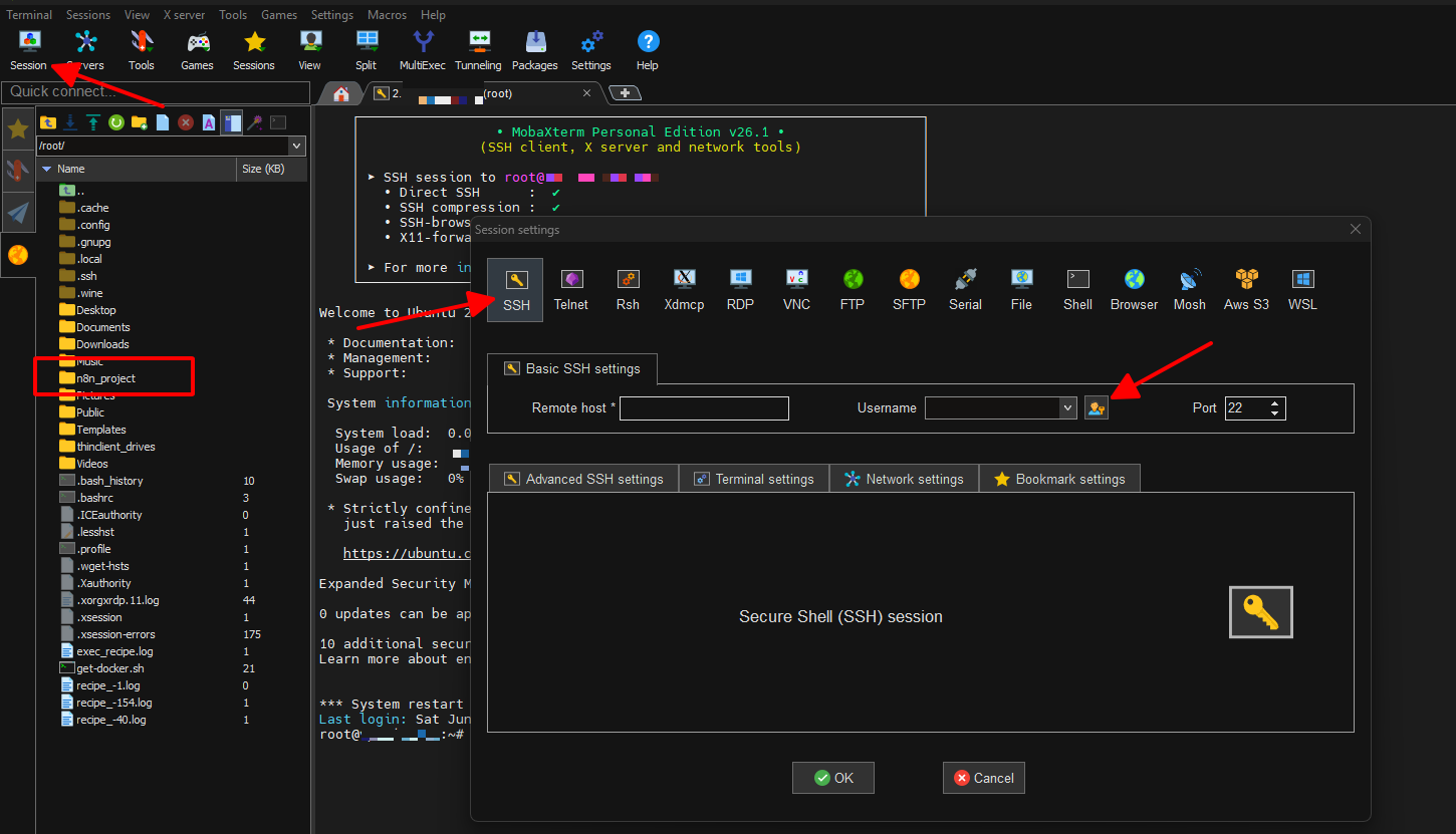 Giao diện MobaXterm với cửa sổ New Session