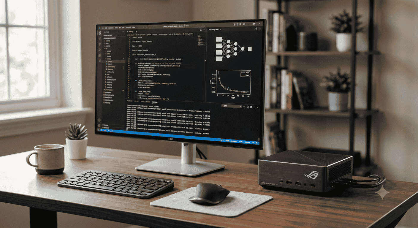 Strix Halo mini PC connected to a monitor